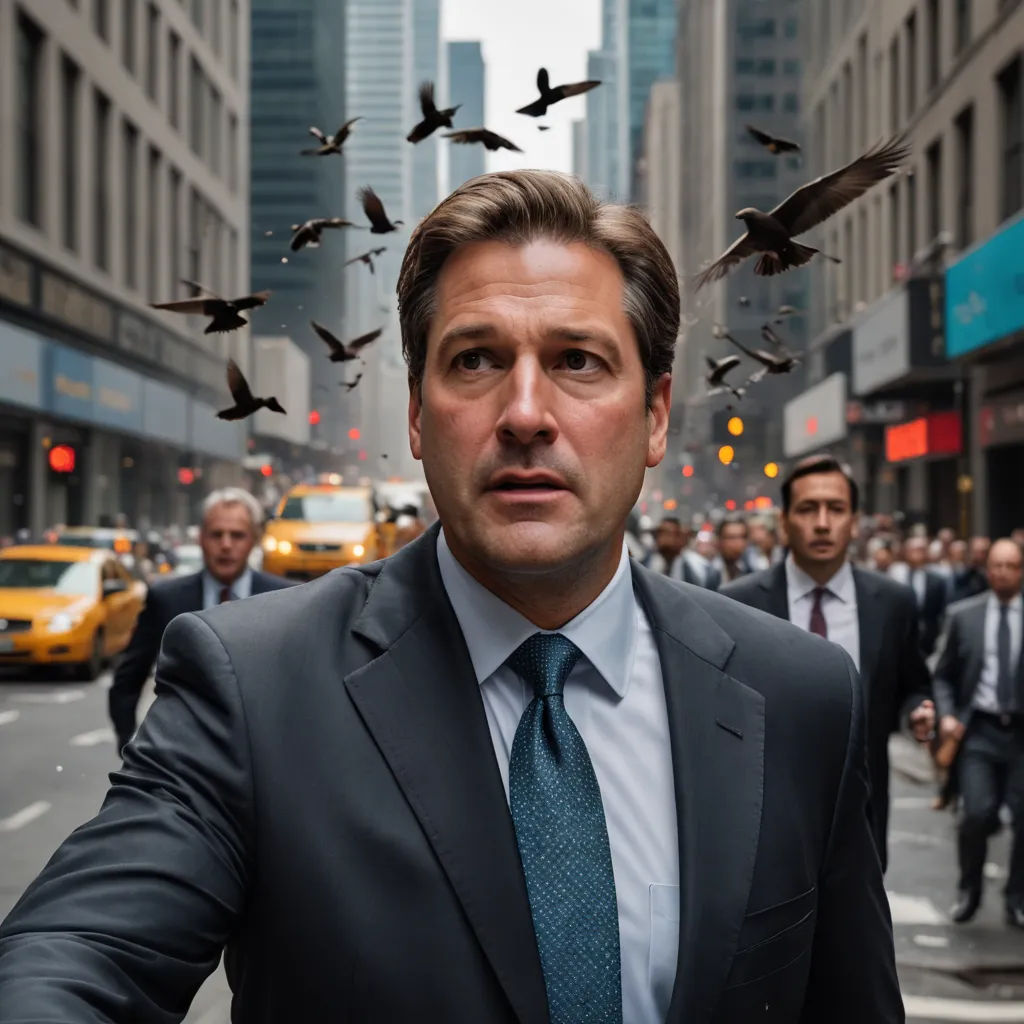 a man in a suit and tie surrounded by birds in the air in a city street with buildings and people, new objectivity, a stock photo, Dan Scott, vfx