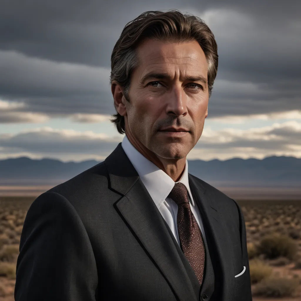 a man in a suit and tie standing in the desert with a cloudy sky in the background and mountains in the distance, dau-al-set, a character portrait, Derek Hill, promotional image
