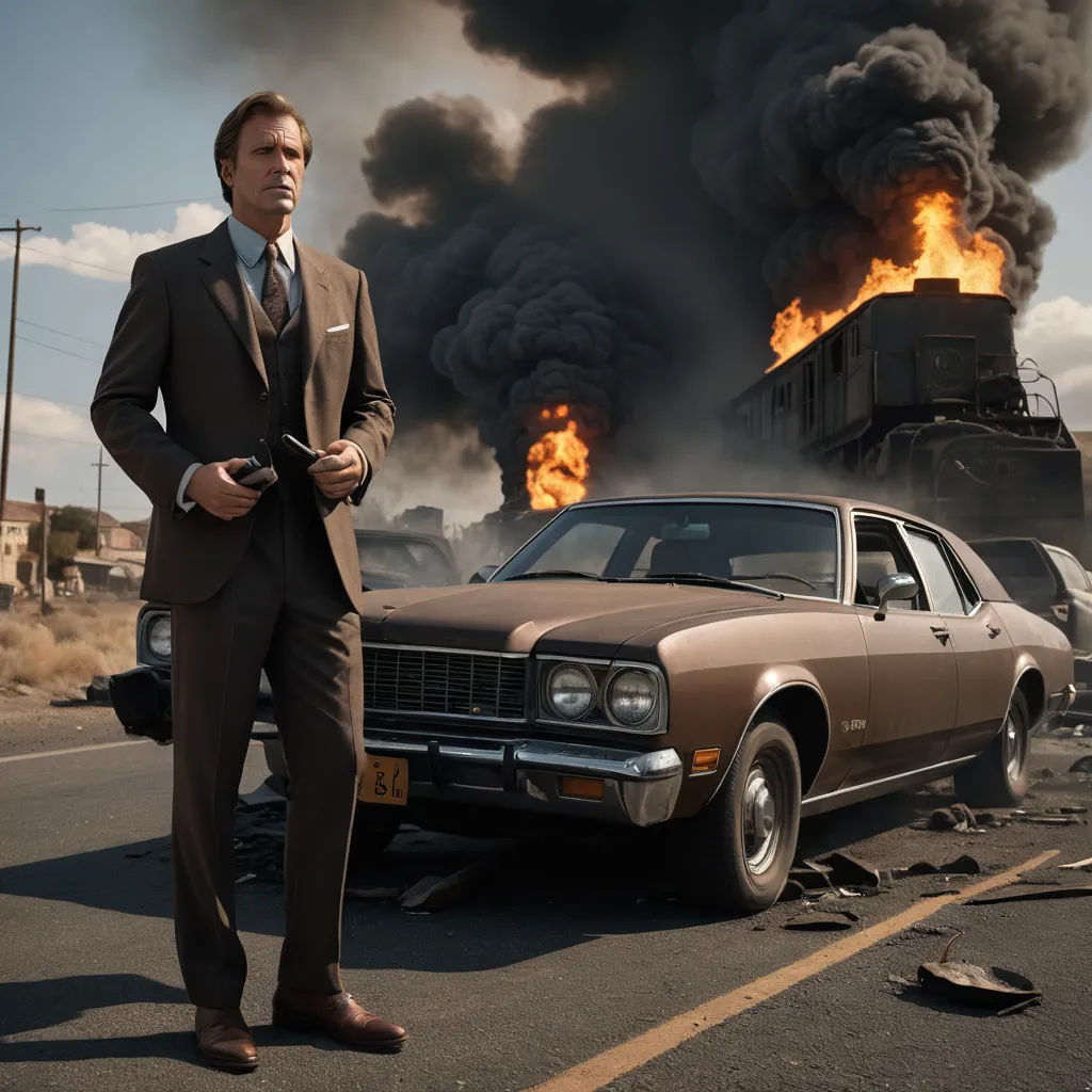 a man in a suit standing next to a car in a street with a train on fire in the background, american scene painting, a colorized photo, Annie Leibovitz, vfx