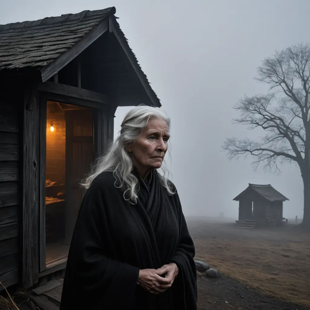 a woman standing outside of a wooden cabin on a foggy day with a tree in the background and a light shining in the window, international gothic, a character portrait, Annie Leibovitz, promotional image