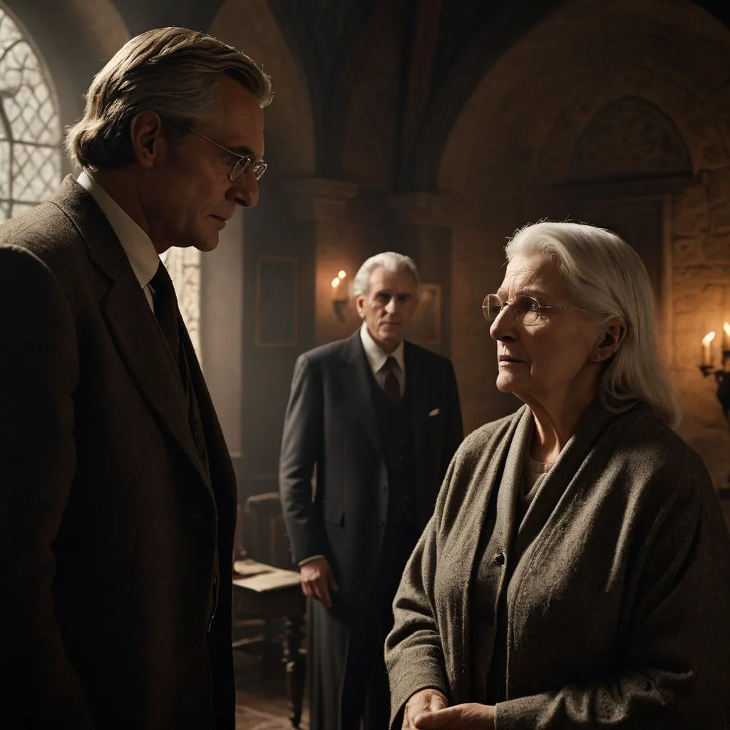 a man and woman standing next to each other in a room with a window and a man in a suit, international gothic, a poster, Anne Said, vfx