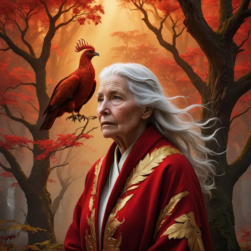 a painting of a woman with a bird on her shoulder and a red jacket on her shoulders, in front of a forest with red leaves, fantasy art, a detailed matte painting, Amanda Sage, highly detailed digital painting