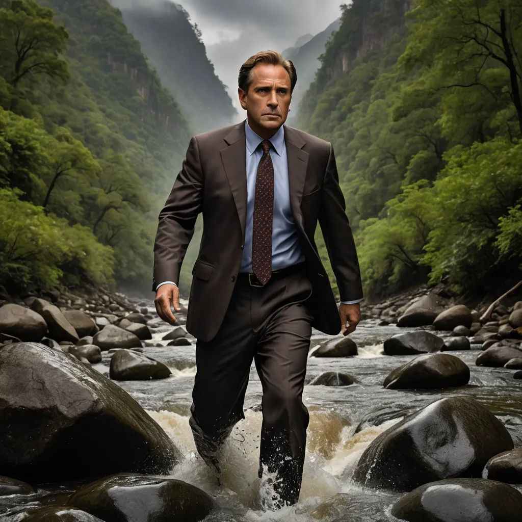 a man in a suit and tie walking through a river with rocks in the background and a mountain range in the distance, american romanticism, a poster, Anthony S Waters, promotional image