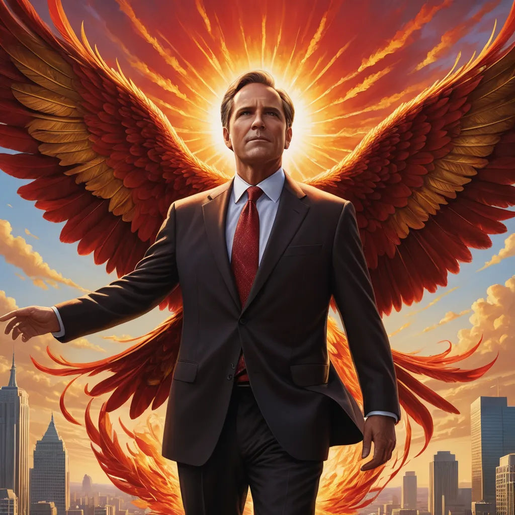 a man in a suit with a red bird on his shoulder and a city in the background with a red sky, symbolism, a poster, David Wojnarowicz, key art