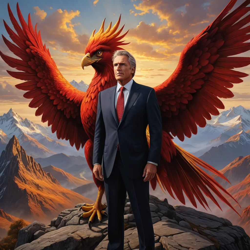a man in a suit and tie standing next to a bird of prey on a mountain top with a sunset in the background, symbolism, poster art, Chris LaBrooy, official art