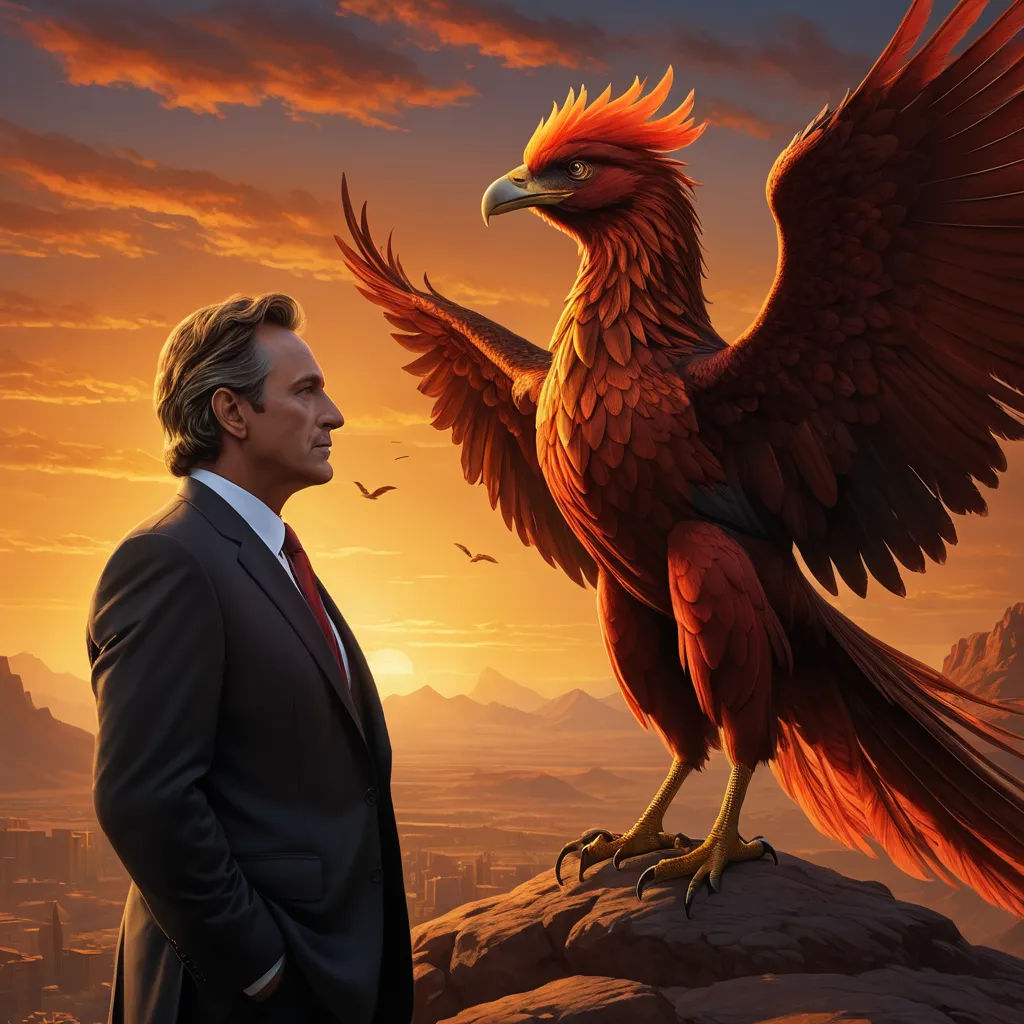 a man in a suit and tie standing next to a bird of prey on a rock with a sunset in the background, fantasy art, a character portrait, Christophe Vacher, magic the gathering artwork