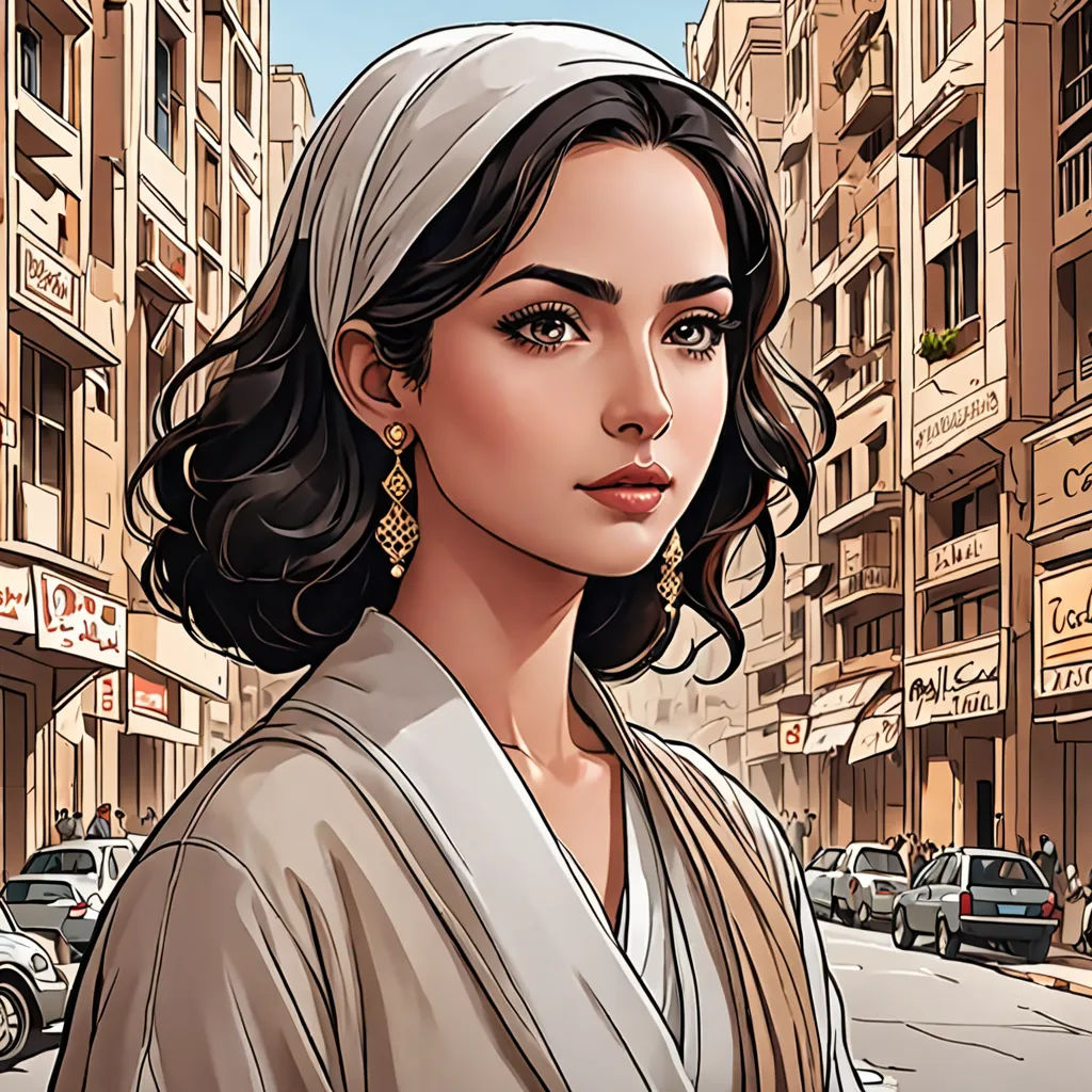 a woman in a white dress standing on a street corner with a city in the background and a car in the foreground, aestheticism, egyptian art, Altoon Sultan, comic cover art
