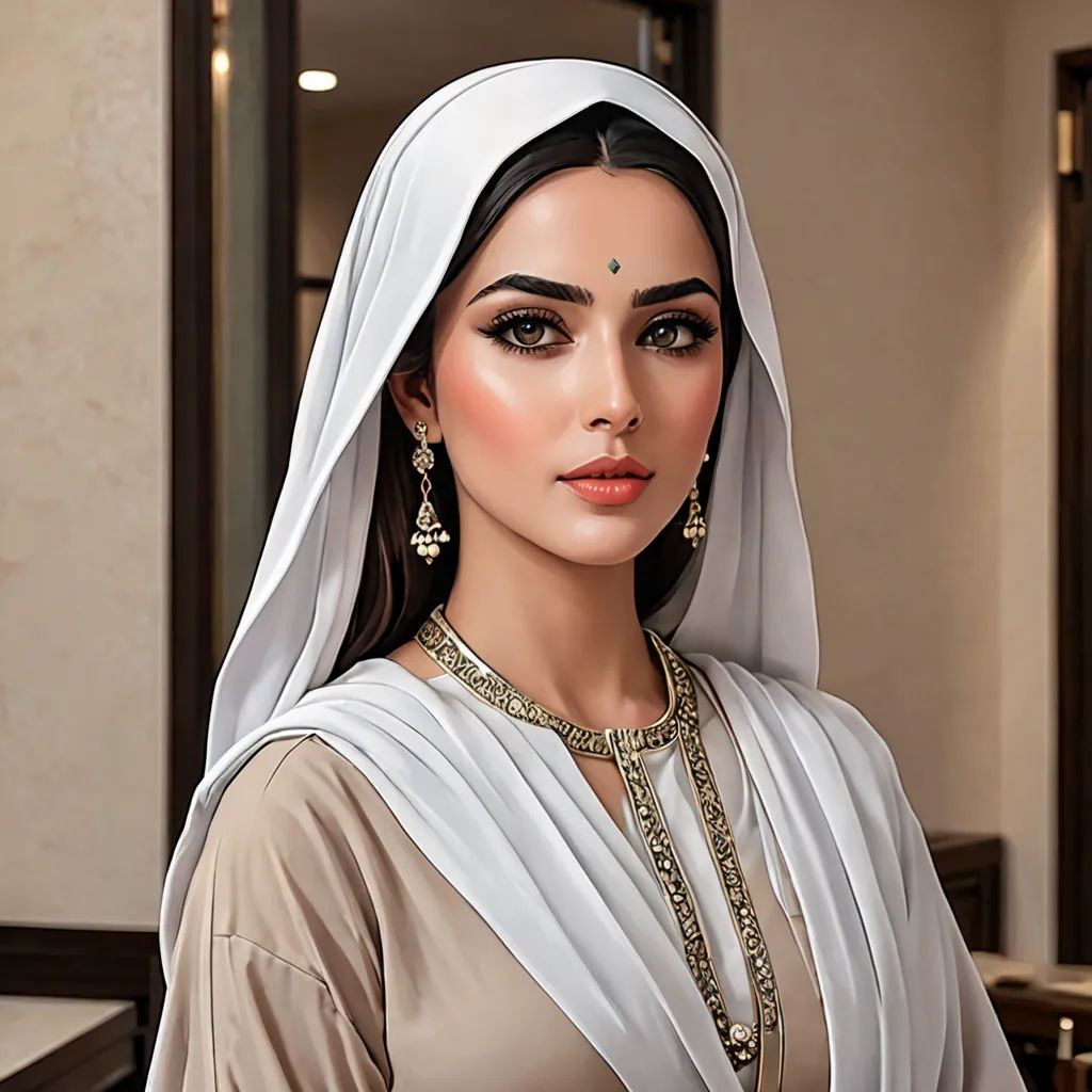 a woman in a white dress and a white veil with a gold necklace and earrings on her head and a mirror behind her, qajar art, a photorealistic painting, Altoon Sultan, highly detailed digital painting