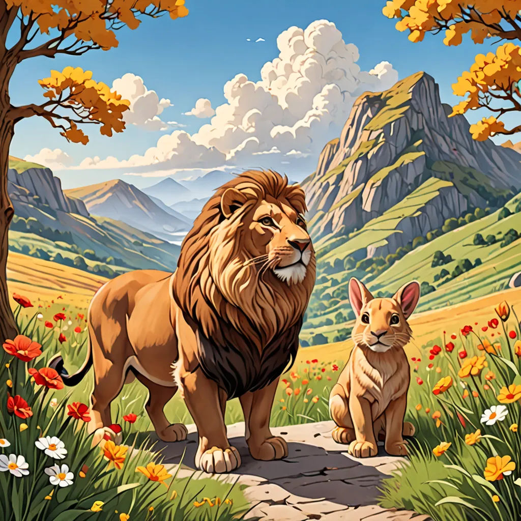 a lion and a cat are standing in a field of flowers and trees with mountains in the background and clouds in the sky, furry art, a storybook illustration, Chris LaBrooy, behance hd