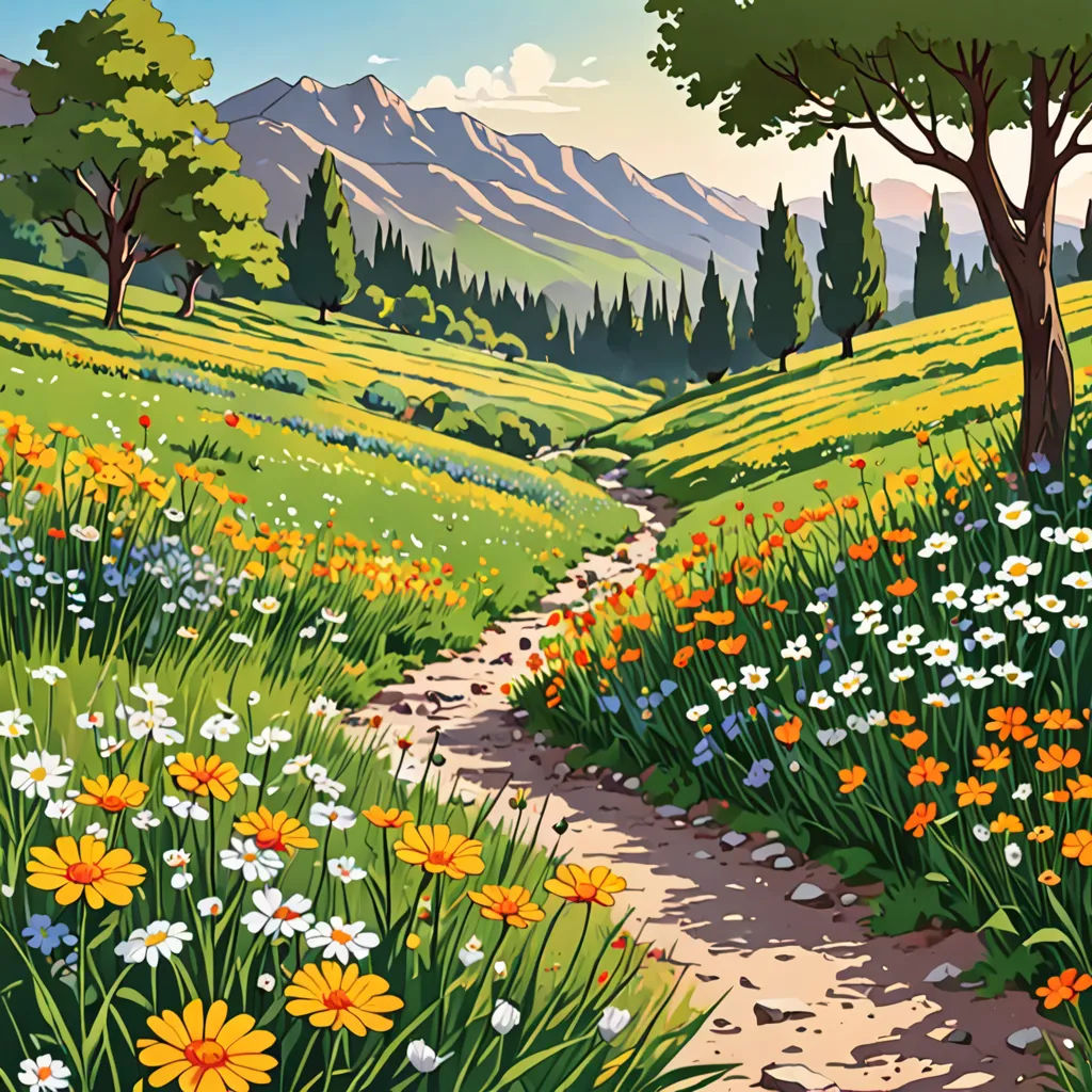a painting of a dirt path with flowers and trees on the side of it and a mountain in the background, synthetism, a detailed matte painting, Chris LaBrooy, beautiful landscape