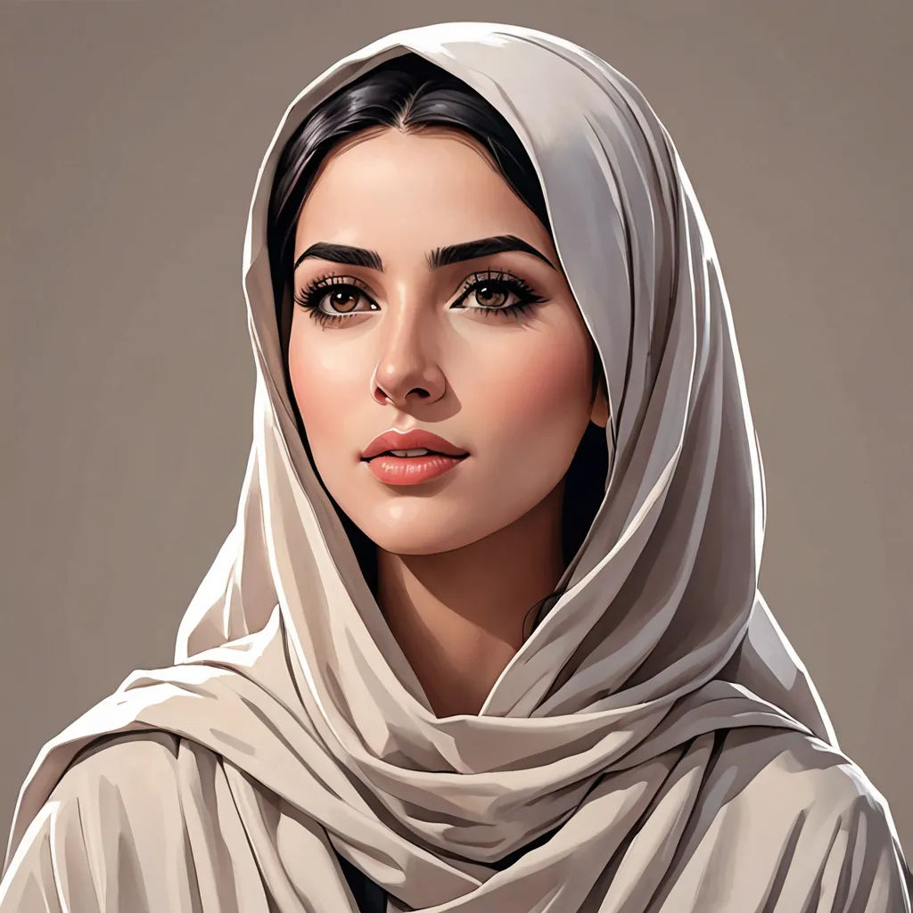 a woman with a white scarf on her head and a black dress on her shoulders and a white scarf on her head, qajar art, a detailed painting, Artgerm, highly detailed digital painting