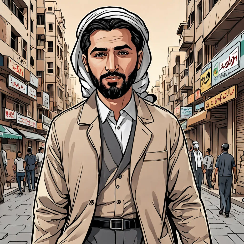 a man in a suit and a beard is walking down the street in a city with people walking around, unilalianism, a character portrait, Ahmed Karahisari, graphic novel