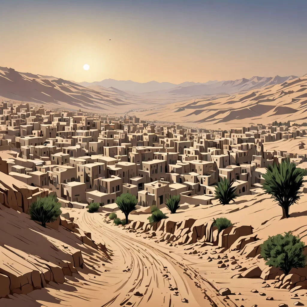 a desert town with a dirt road and mountains in the background with a sun setting over the horizon and a few trees, serial art, a detailed matte painting, David Ligare, desert