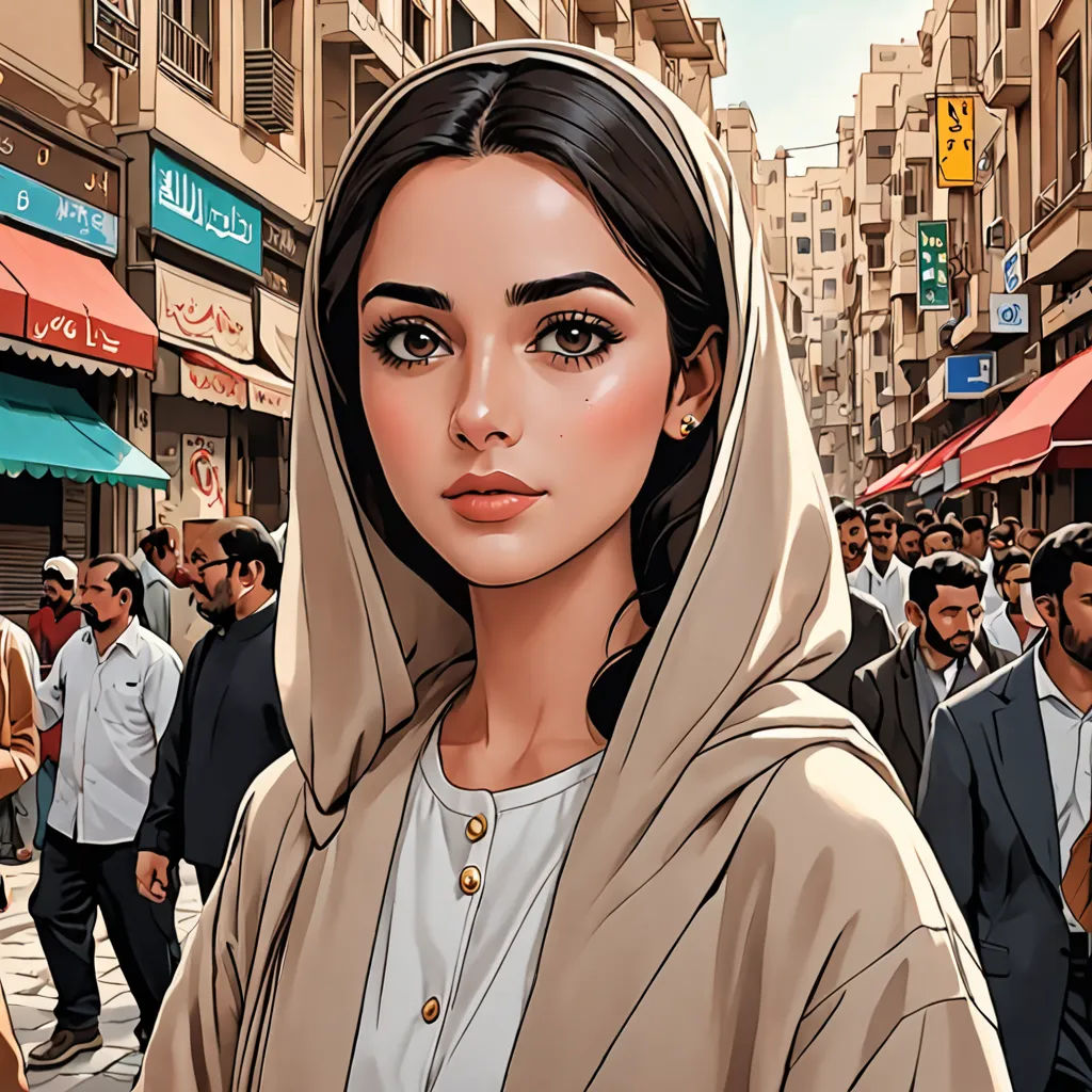 a woman in a hooded jacket is standing in a crowd of people on a city street with buildings in the background, aestheticism, a comic book panel, Amir Zand, high detail illustration
