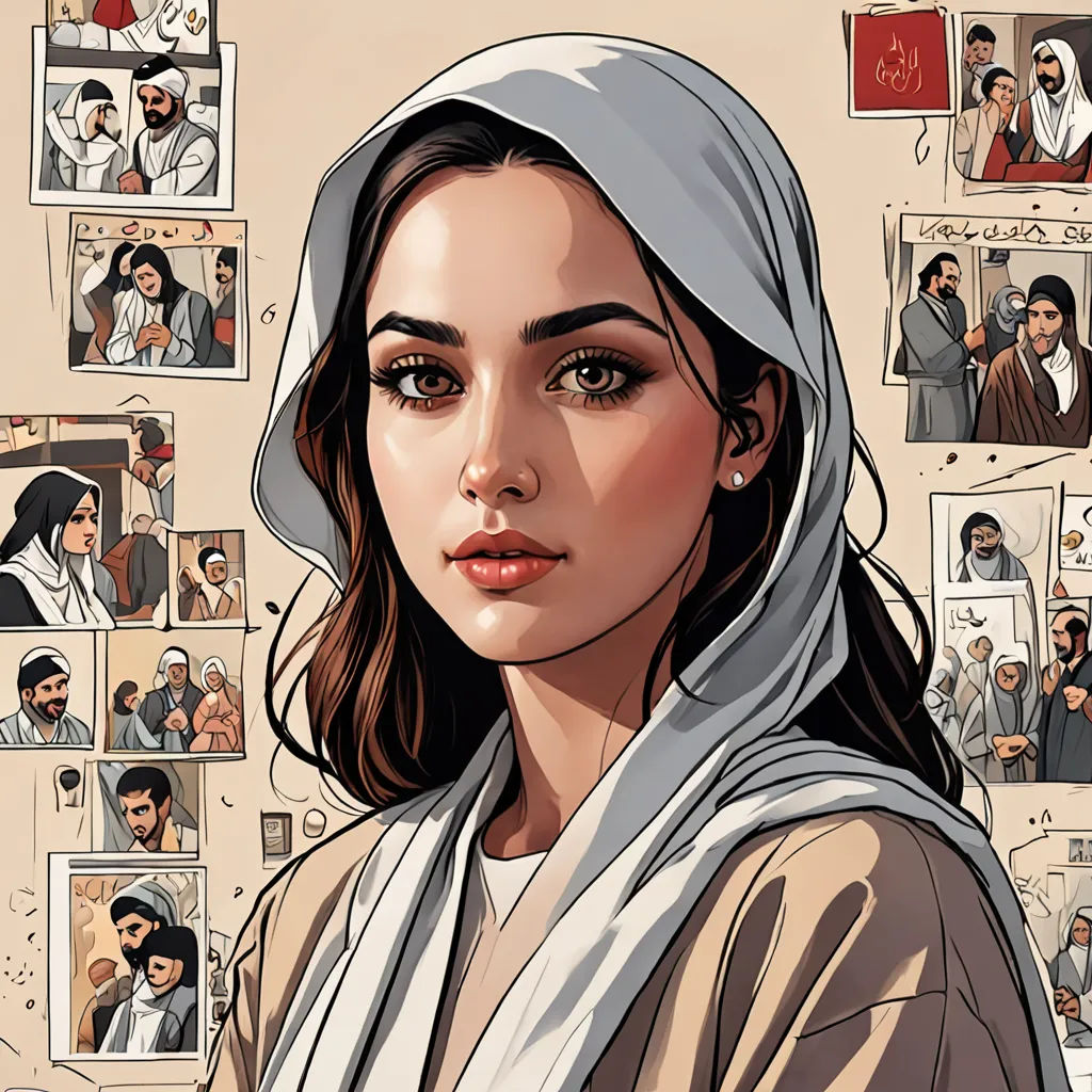 a woman with a veil on her head and a bunch of pictures on the wall behind her and a man in a suit, serial art, a comic book panel, Amir Zand, high detail illustration