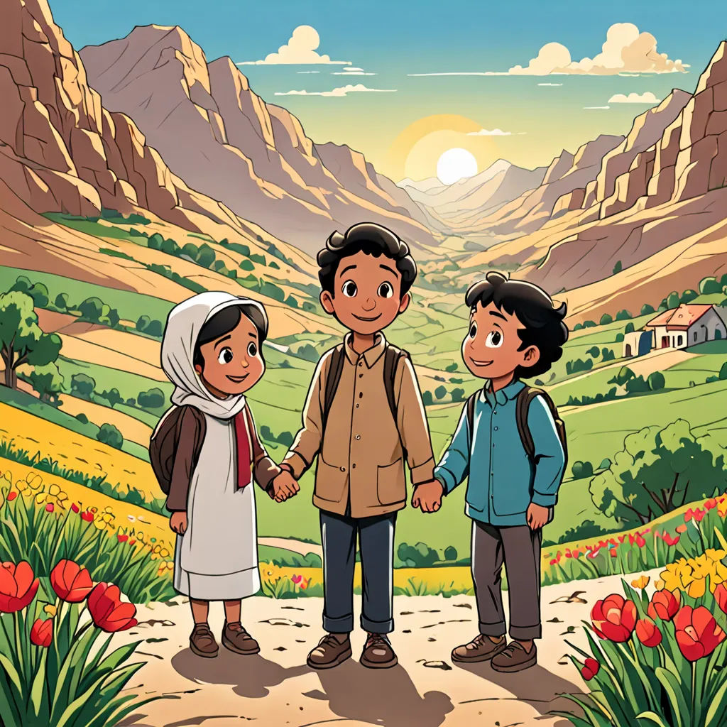 a cartoon of three children holding hands in a mountainous landscape with a mountain range in the background and a valley with flowers, hurufiyya, a storybook illustration, Fathi Hassan, official art