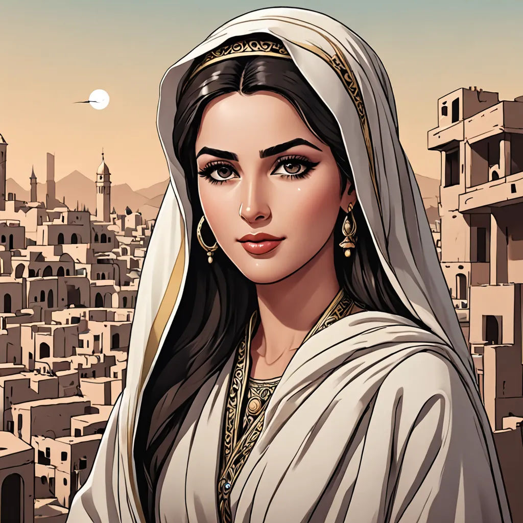 a woman in a white dress and a cityscape in the background with a sun in the sky, fantasy art, egyptian art, Amir Zand, orientalism