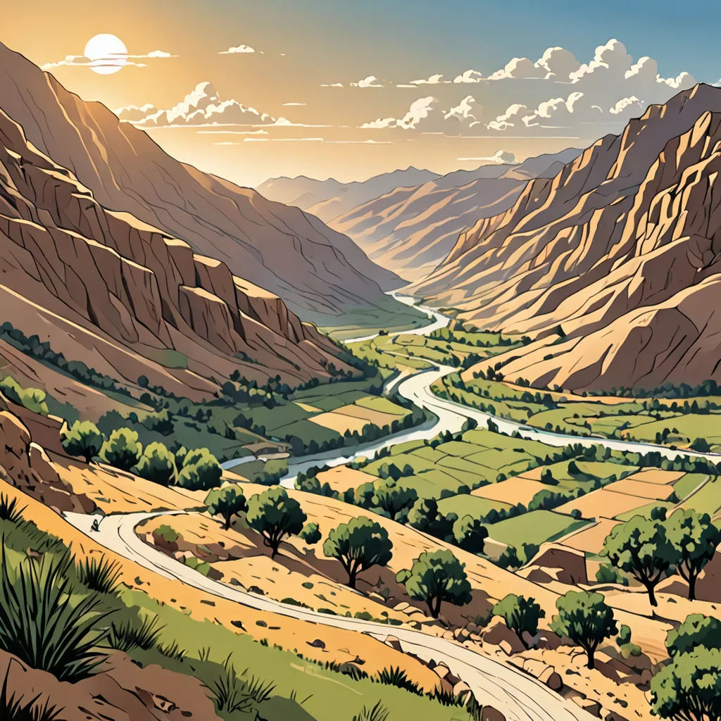 a painting of a valley with a winding road in the middle of it and mountains in the background with clouds, environmental art, a comic book panel, Asaf Hanuka, western comic book art