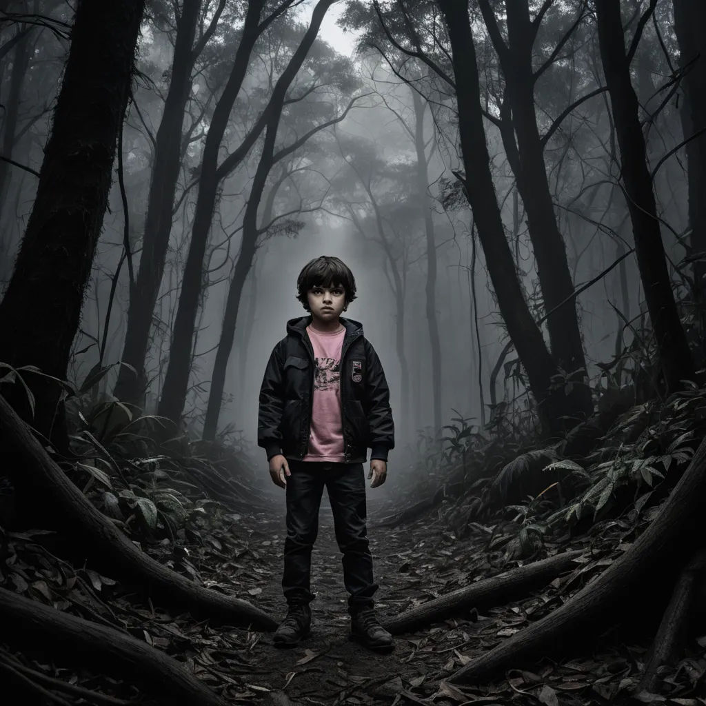 a young boy standing in a forest with a creepy look on his face and a creepy look on his face, art photography, a character portrait, Diego Gisbert Llorens, promotional image