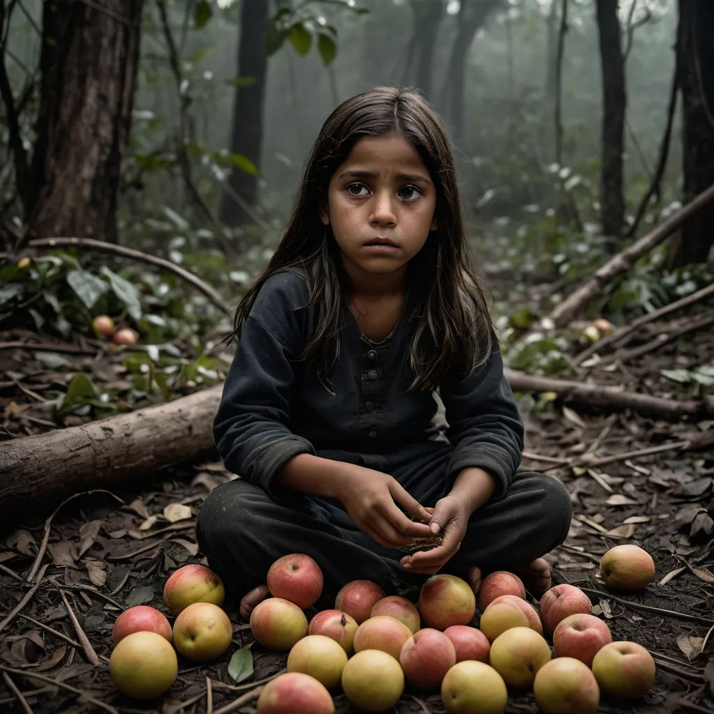 a girl sitting on the ground surrounded by apples in the forest, with a forest background, with a pile of apples in front of her, primitivism, a stock photo, Diego Gisbert Llorens, award-winning photograph