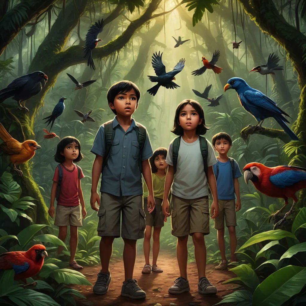 a group of children standing in a forest with birds flying overhead and a man standing in the middle of the picture, photorealism, poster art, Chris LaBrooy, highly detailed digital painting