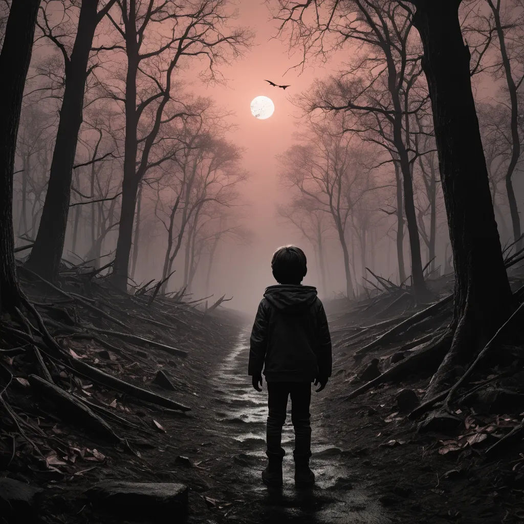 a person standing in a forest with a bird flying over them at sunset or dawn, with a red light in the distance, digital art, a matte painting, Daniel Lieske, dark art