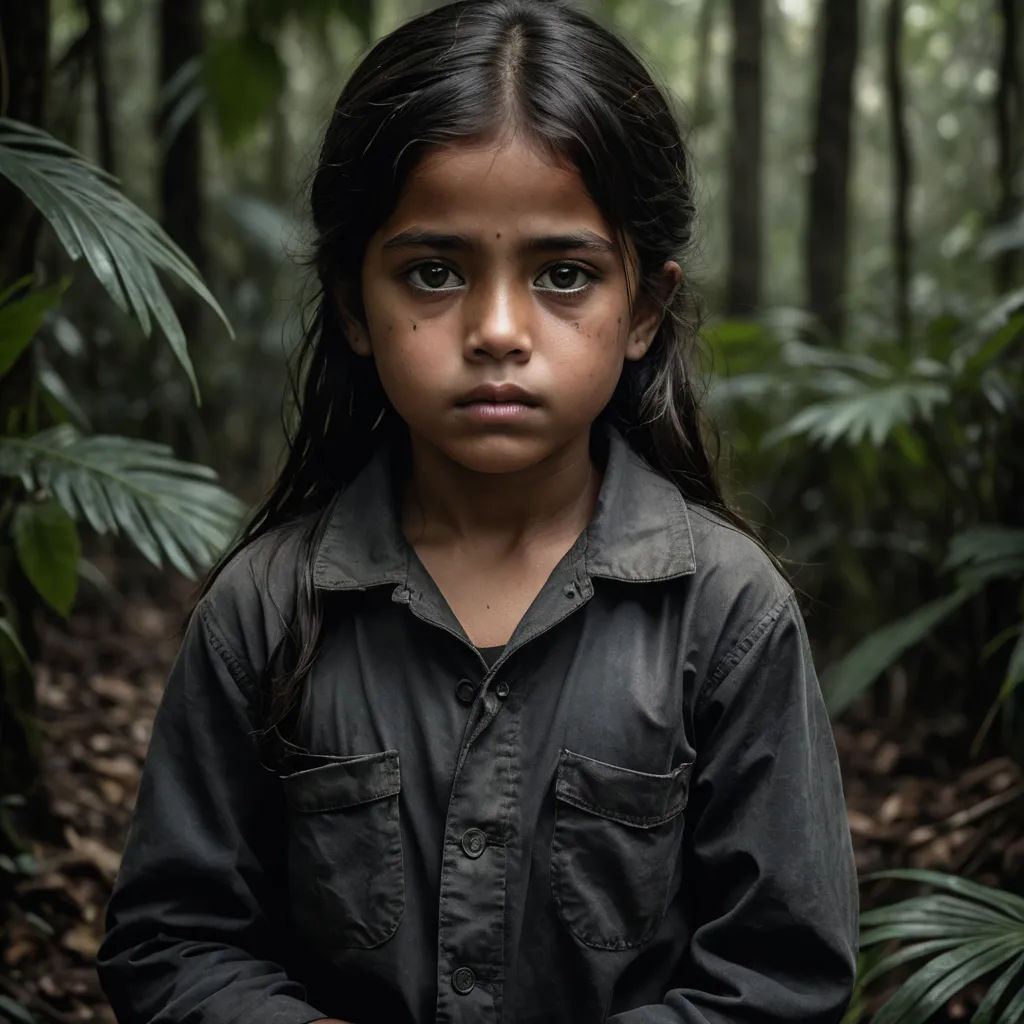 a young girl standing in a forest with her hands folded out in front of her chest and looking at the camera, sumatraism, a character portrait, Daniel Lieske, cinematic photography