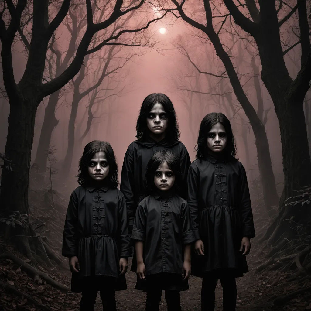 a group of children standing in a forest with a light shining through the trees behind them and a creepy looking sky, antipodeans, poster art, Dirk Crabeth, promotional image
