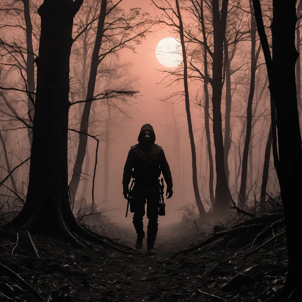 a man in a gas mask walking through a forest at night with the sun in the distance behind him, antipodeans, poster art, Dirk Crabeth, promotional image