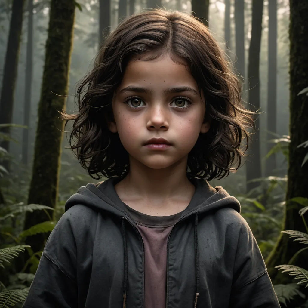 a young girl standing in a forest with a hoodie on and a hoodie on her head and a hoodie on her shoulders, photorealism, a character portrait, Daniel Lieske, promotional image