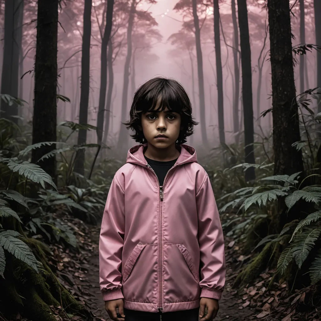 a young boy standing in a forest with a pink jacket on and a pink background with trees and leaves, environmental art, poster art, Fiona Stephenson, promotional image