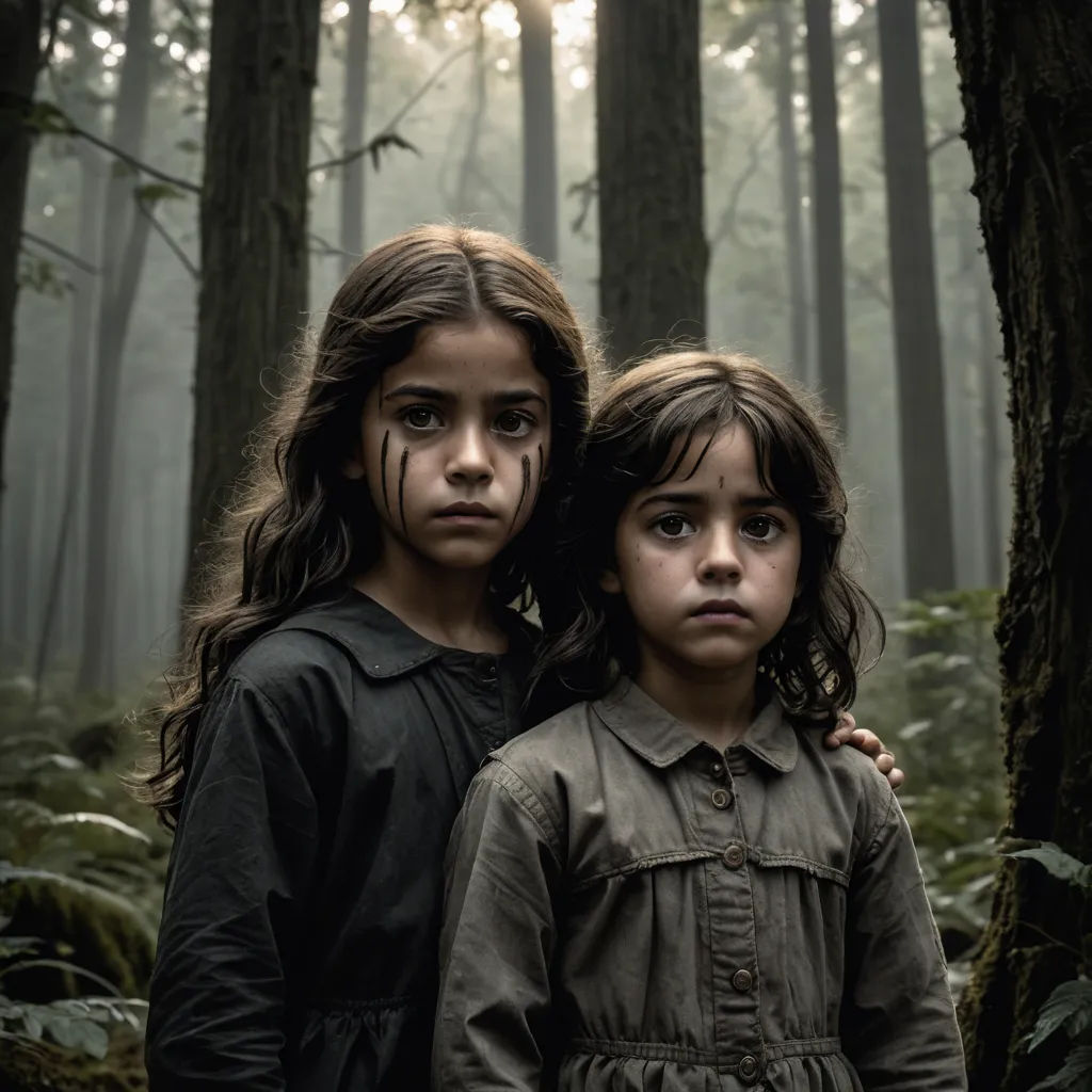 two young girls standing in a forest with their faces painted black and white, with the sun shining through the trees, antipodeans, poster art, Diego Gisbert Llorens, promotional image