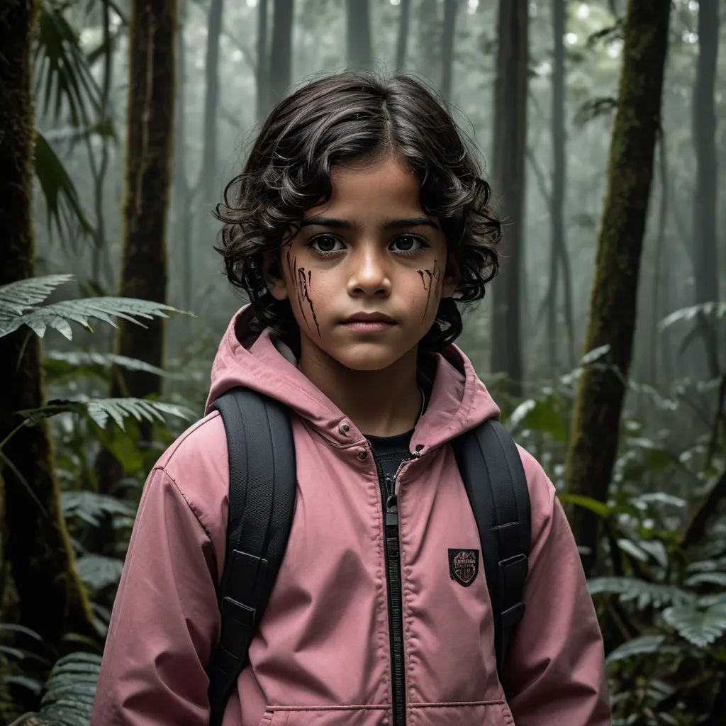 a young boy with a backpack in a forest with trees and ferns on the ground and fog in the air, environmental art, a character portrait, Diego Gisbert Llorens, promotional image