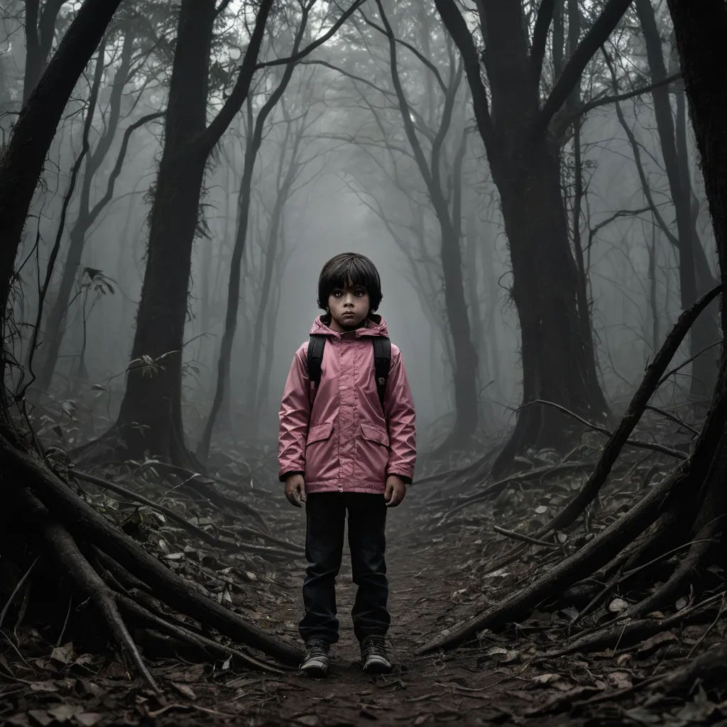 a young girl standing in a forest with a backpack on her back and a foggy background behind her, magical realism, poster art, Diego Gisbert Llorens, promotional image
