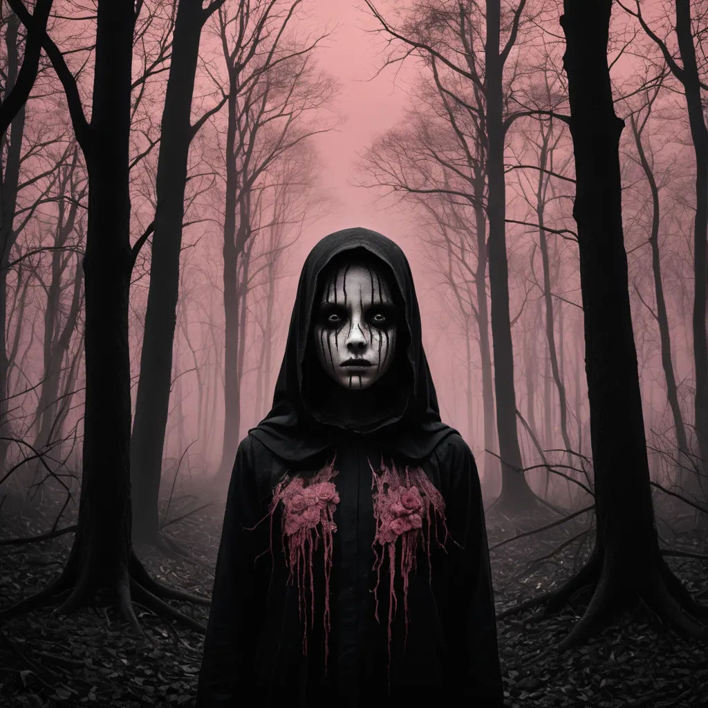 a person in a hooded jacket with a creepy face and blood dripping from the hood in a forest with trees, gothic art, poster art, Dirk Crabeth, dark art