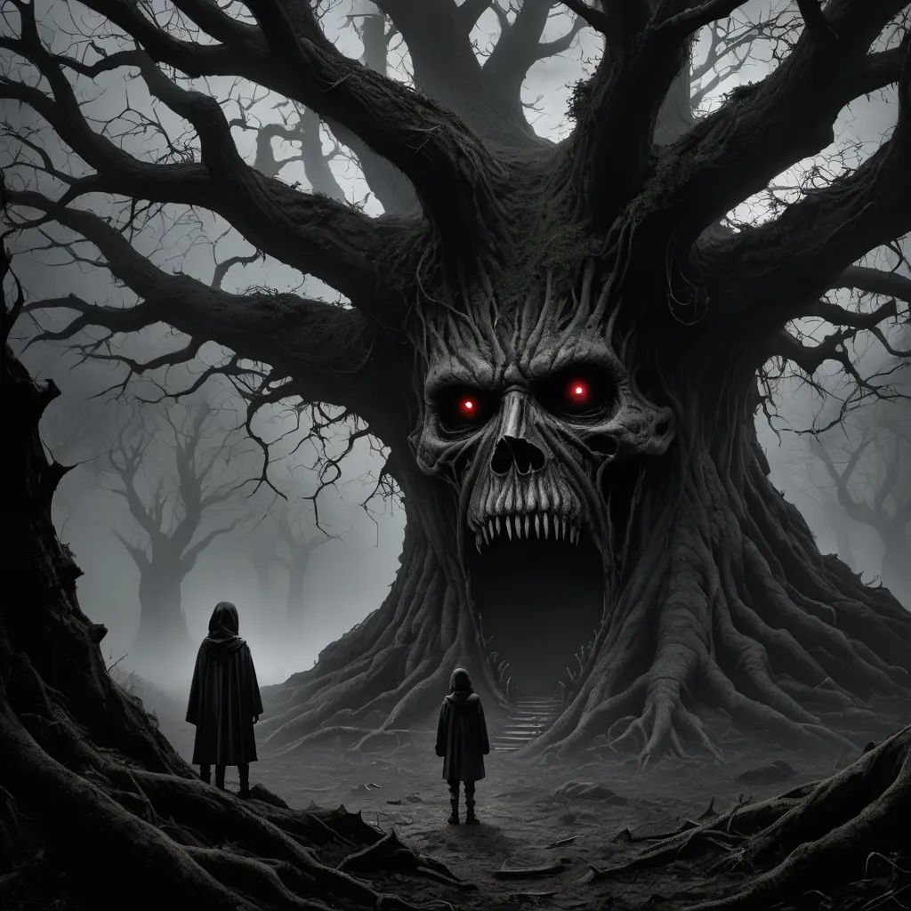 a creepy tree with a creepy face and two people standing in front of it with red eyes and a creepy tree trunk, gothic art, a storybook illustration, Dirk Crabeth, dark art