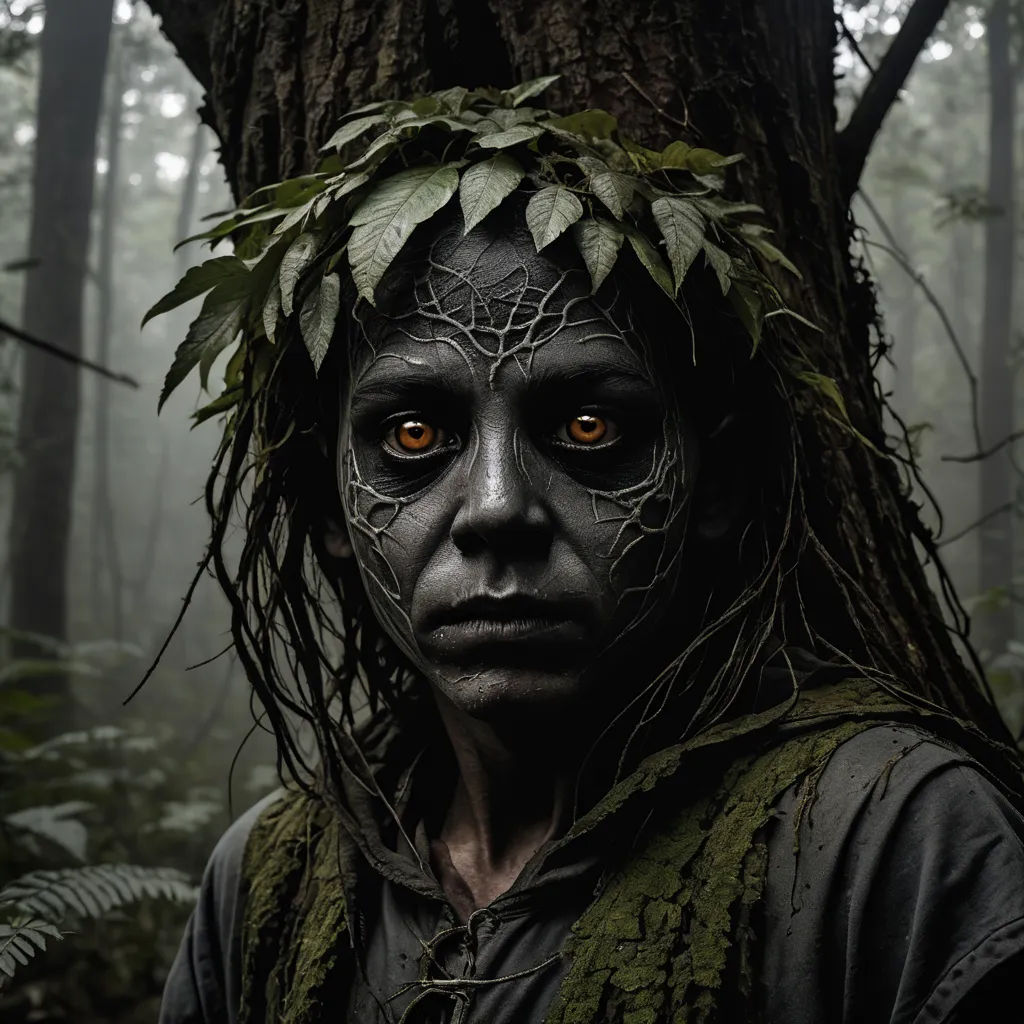 a woman with a face painted like a tree in the woods with leaves on her head and a tree trunk with leaves on her head, antipodeans, a character portrait, Dirk Crabeth, weta digital