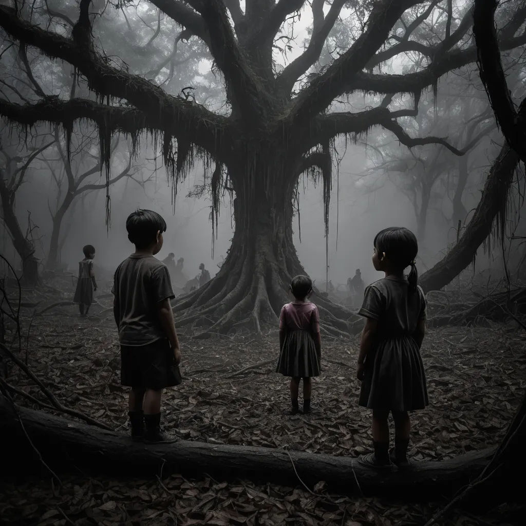 three children standing in front of a tree in a forest with moss on it's branches and moss hanging from the branches, dau-al-set, a detailed matte painting, Daryush Shokof, promotional image