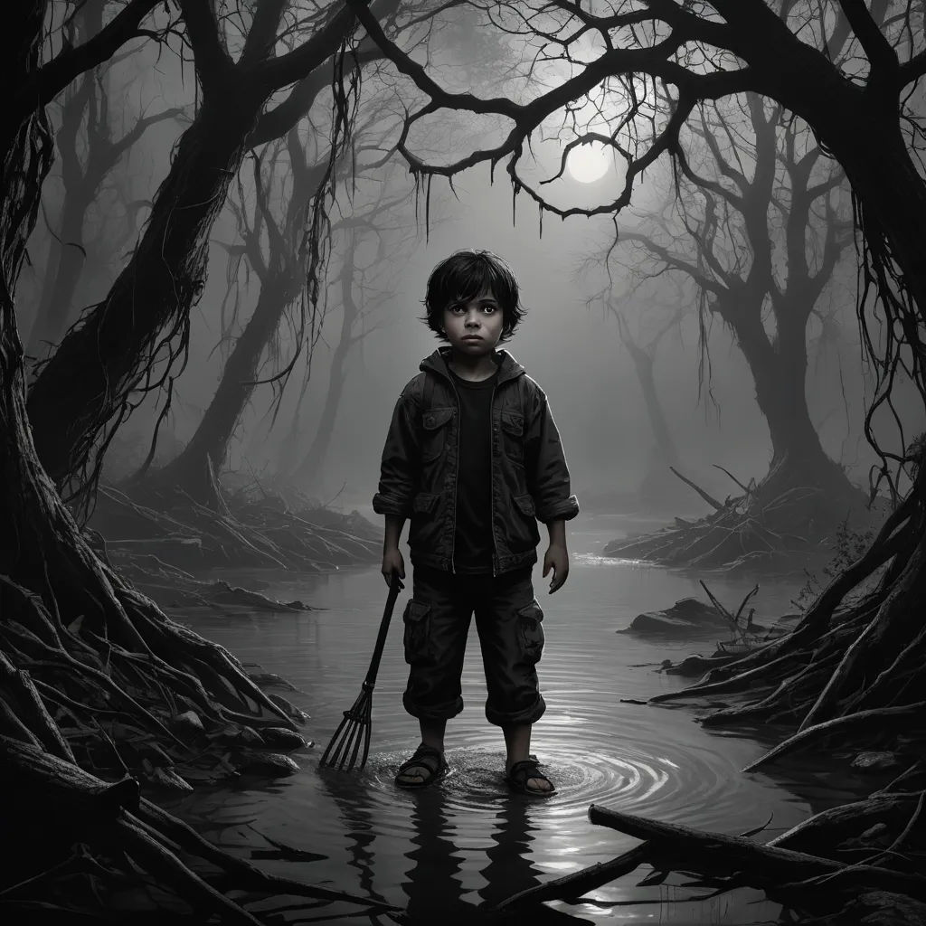 a boy standing in a swampy area with a broom in his hand and a full moon in the background, fantasy art, a storybook illustration, Craig Davison, highly detailed digital painting