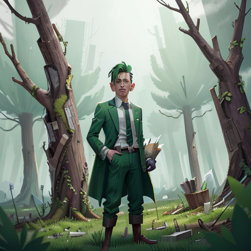 a man in a green suit standing in a forest with a bird in his hand and a bird in his hand