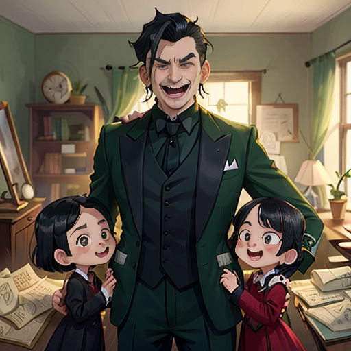 a man in a suit and two children in a room with a desk and a clock on the wall