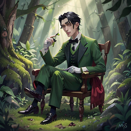 a man in a green suit sitting in a chair in a forest with a flower in his hand and a cigarette in his mouth