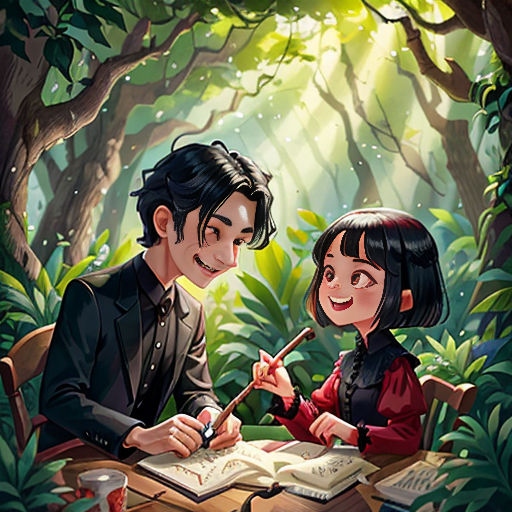 a couple sitting at a table in the woods writing on a book together, with a forest background and a forest scene behind them