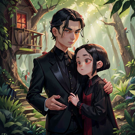 a man and a woman in a forest with a tree house in the background and a tree house in the background