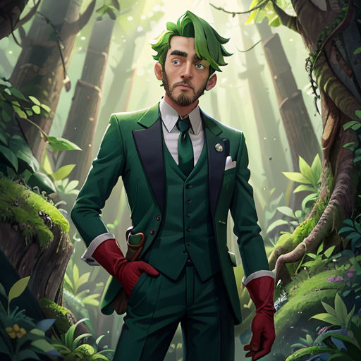 a man in a green suit and red gloves standing in a forest with trees and plants on the sides