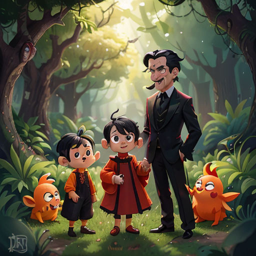 a man and two children standing in a forest with a demon in the background and a demon in the foreground