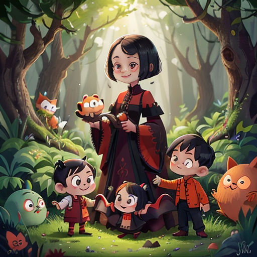 a woman standing in a forest with many small children and cats around her, with a forest background and a forest scene