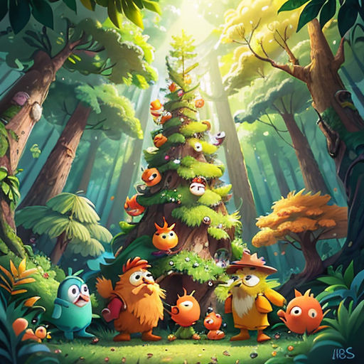 a group of birds standing in front of a christmas tree in a forest with a sun shining through the trees