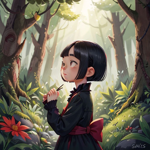 a girl in a forest with a flower in her hand and a cigarette in her mouth, looking up at the sky