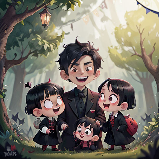 a family of three standing in a forest with a lantern hanging from the ceiling above them and a tree in the background